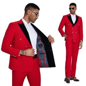 Double Breasted Mens Suit Set 2pc w/ Velvet Peak Lapel, Red